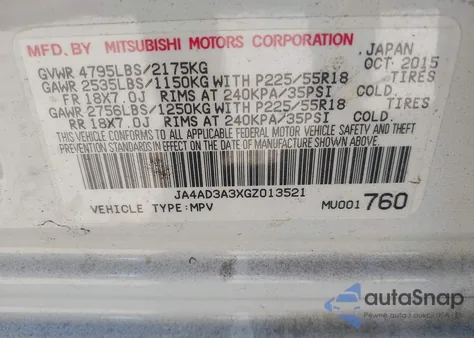 2016 Mitsubishi Outlander Sel из США, поврежденный, VIN JA4AD3A3XGZ013521